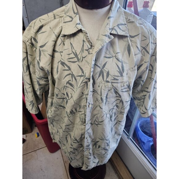 R&R Casuals Tan Linen Blend Hawaiian Shirt Tropical Leaves Men's Large - Picture 1 of 5